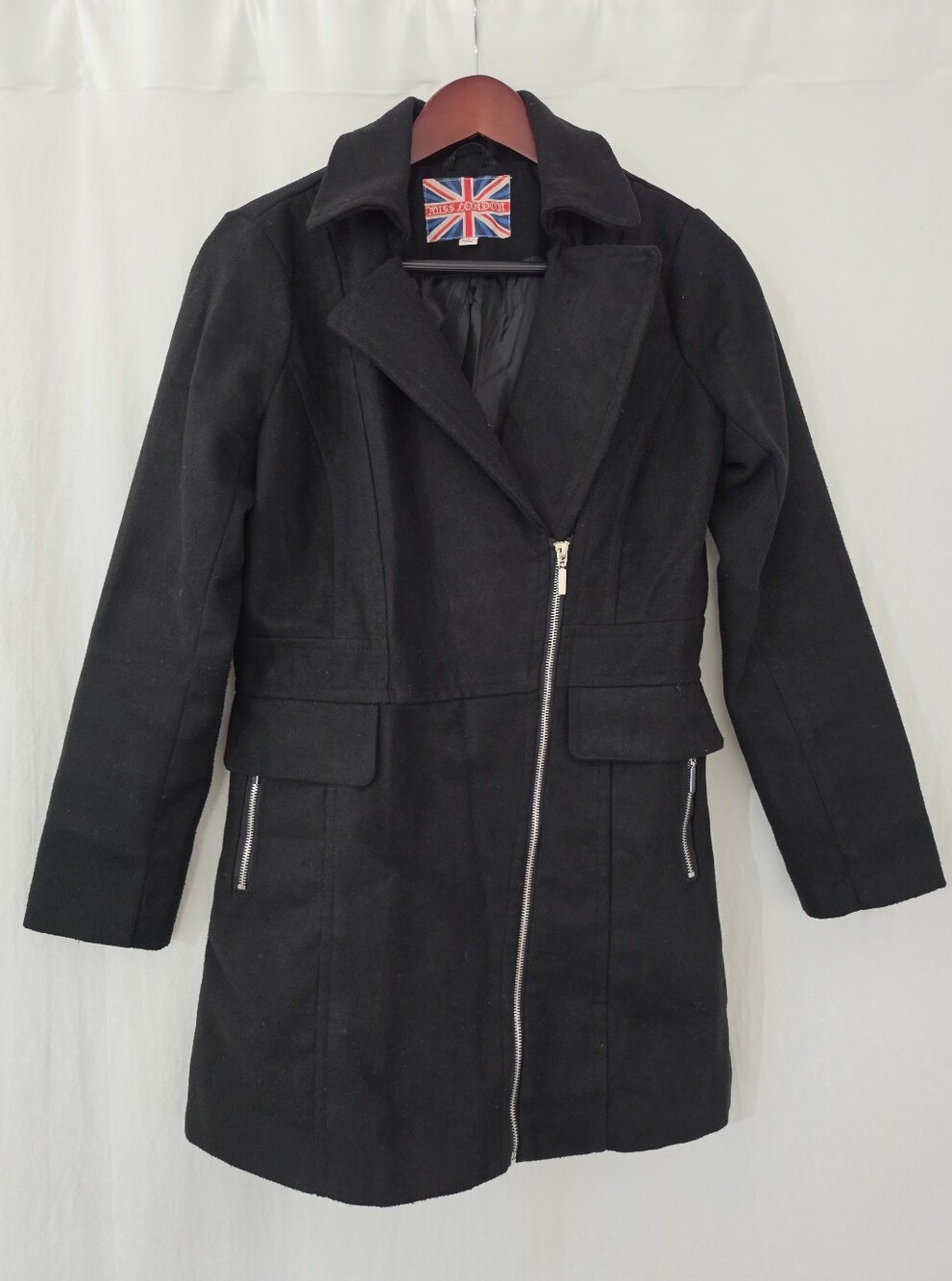 Miss London Asymmetrical Zip Coat in Black Gray Women's Size M